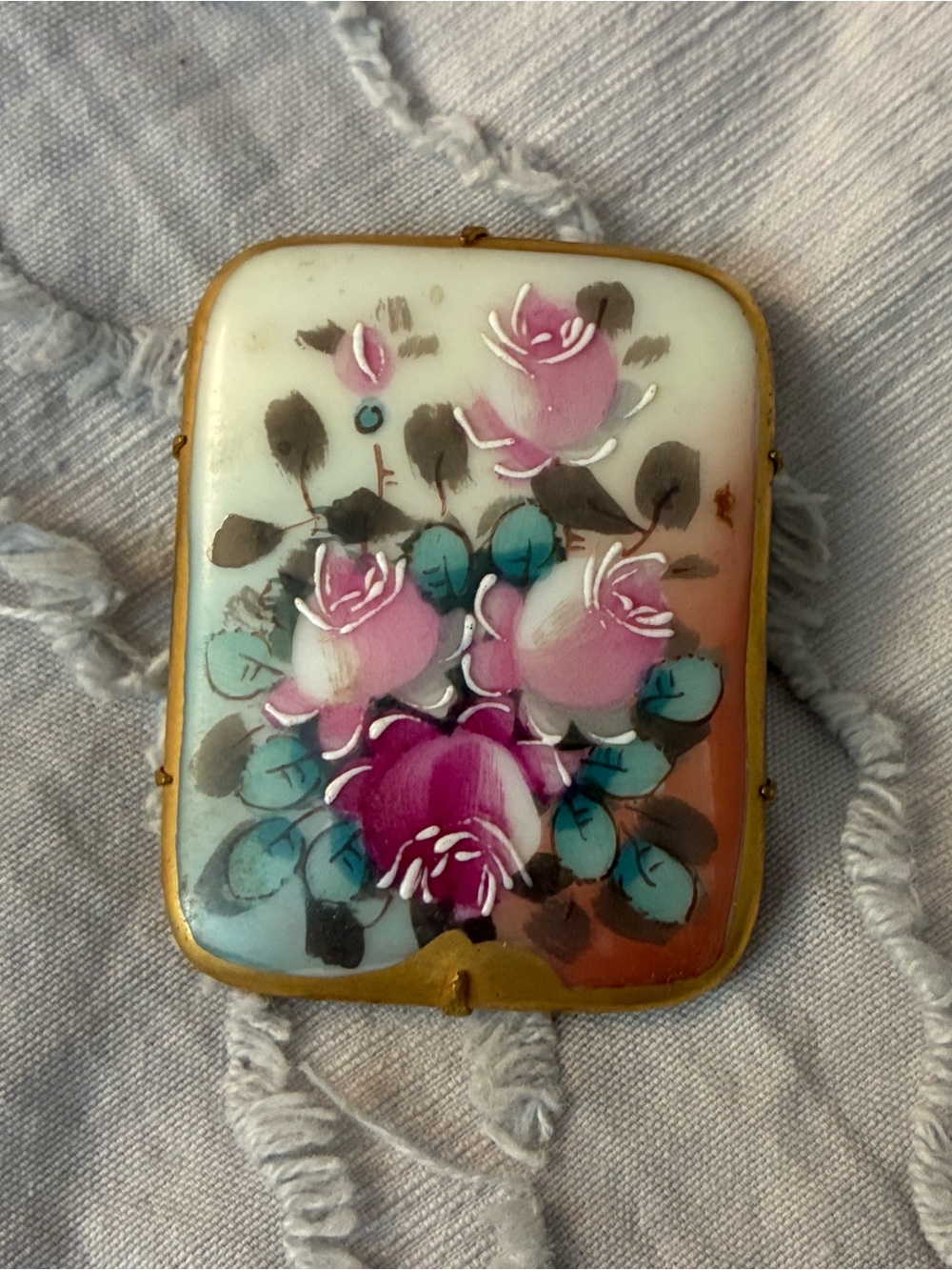 Vintage Hand-Painted Floral Porcelain Brooch Pin Pink Roses